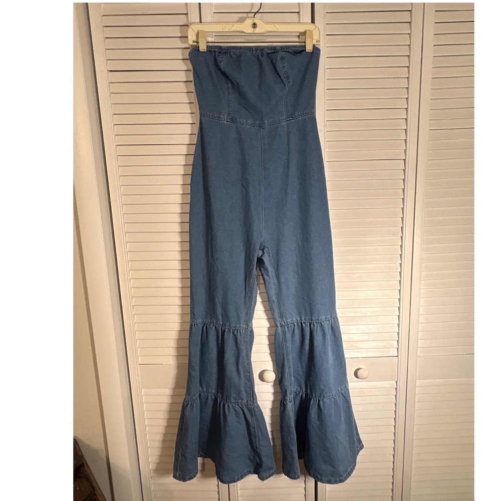 SHEIN SXY Strapless Denim Jumpsuit Blue Tiered Ruffle Bell Bottom XS NWT